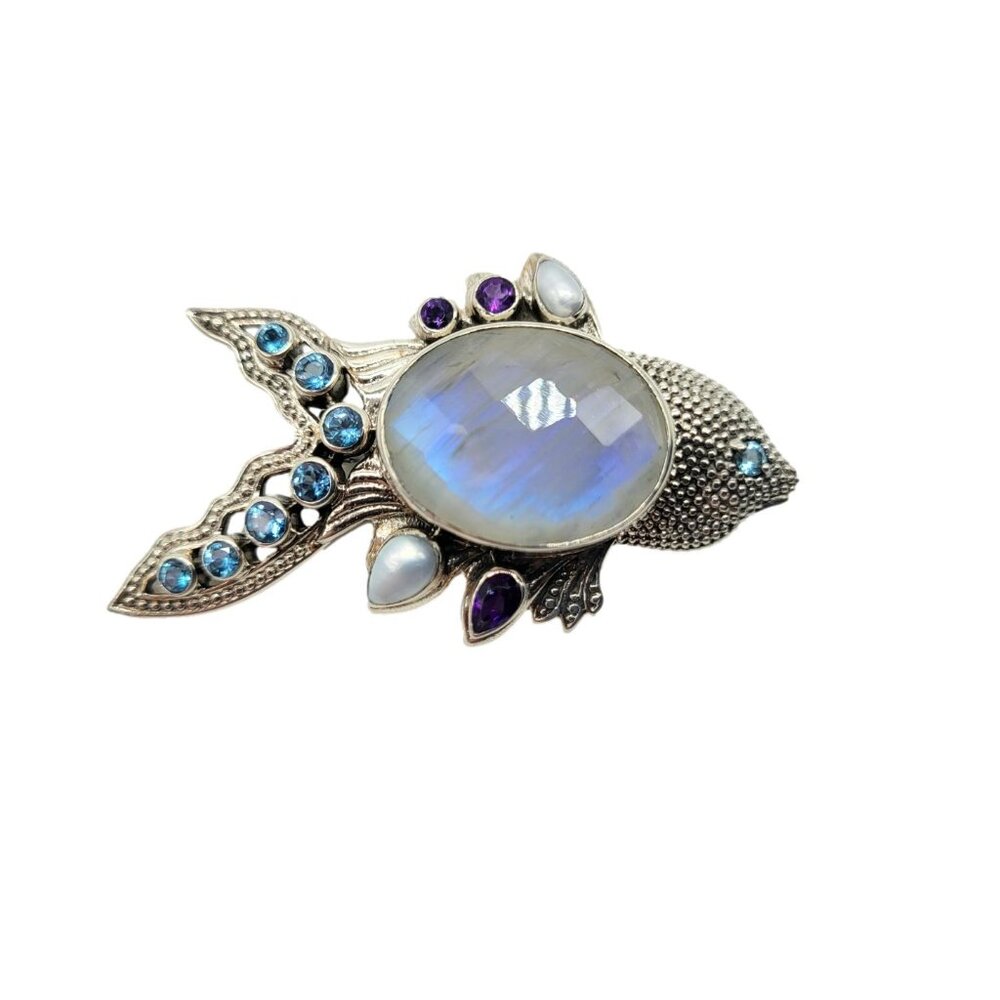 Nicky Butler Rainbow Moonstone Gemstone Fish Brooch Pin .925 Sterling Silver